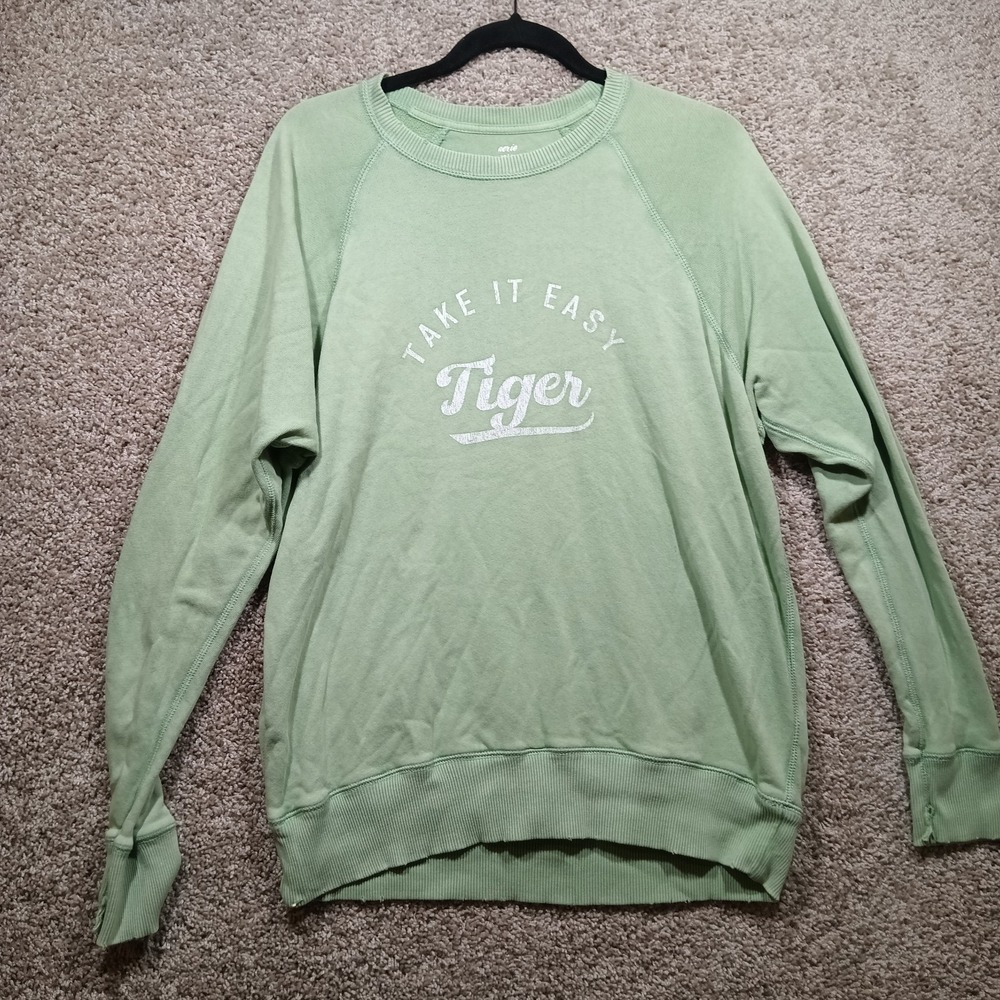 Aerie Take It Easy Tiger‎ Sweatshirt Women XS Crew Pullover Distressed Edges